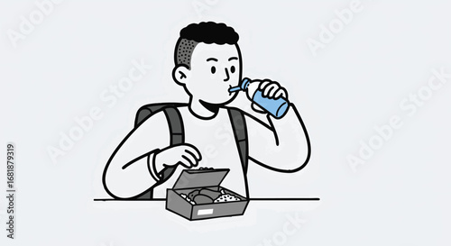 Simple line art illustration of a young student with a backpack sitting at a table, eating from a lunchbox and drinking from a water bottle