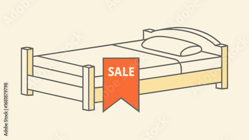 Vector illustration of a bed with a sale tag for sleep products and furniture promotions
