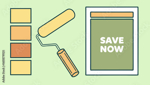 Vector illustration of paint roller with color palette and discount message for home makeover