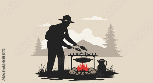 Silhouette illustration of a park ranger cooking a meal over a campfire in a mountain wilderness setting