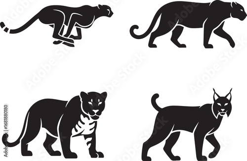 Set of various feline silhouettes vector illustration featuring cheetah jaguar panther lynx wild animals