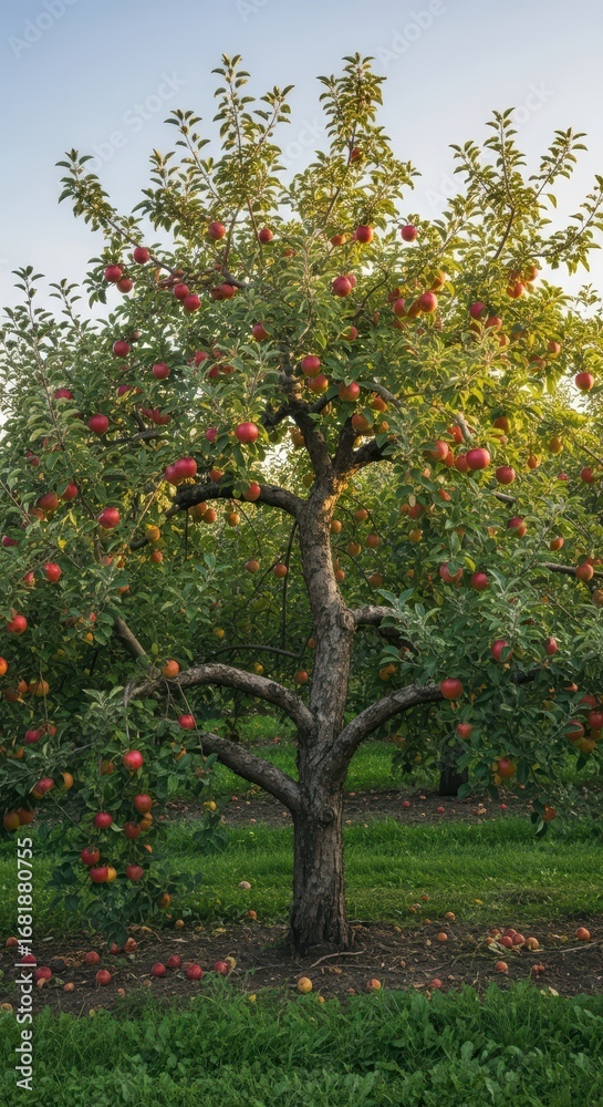 Naklejka premium Lush apple tree laden with red fruit in a sunlit orchard