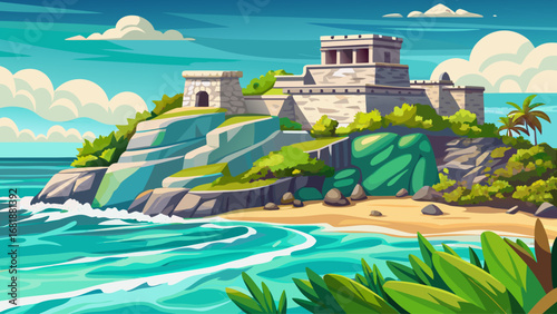 Tulum’s Mayan ruins, Mexico, rest on seaside cliffs overlooking turquoise waters. Ancient stone walls contrast ocean waves; semi-realistic flat vector emphasizing cultural heritage, coastal drama, and