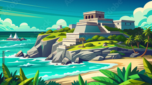 Tulum’s Mayan ruins, Mexico, rest on seaside cliffs overlooking turquoise waters. Ancient stone walls contrast ocean waves; semi-realistic flat vector emphasizing cultural heritage, coastal drama, and