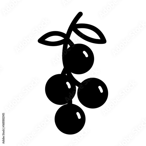Stylized black and white drawing of a cluster of cherries with leaves