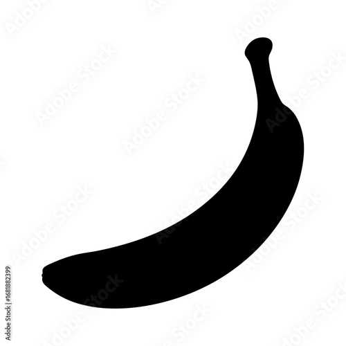 A striking black silhouette of a banana against a stark white background