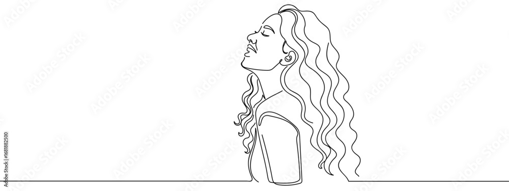 Obraz premium Continuous line of woman looking up at the sky. Single line art hand drawn vector. Editable stroke.