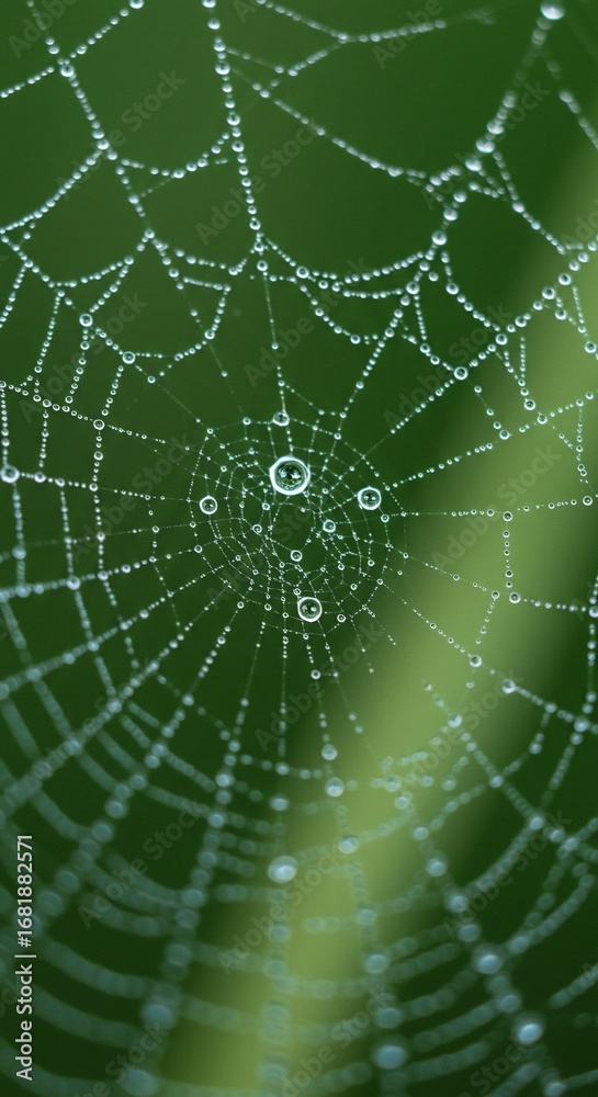 Naklejka premium Dew-Kissed Web: A macro shot of a spider web glistening with water droplets against a vivid green background. This image captures the delicate beauty and intricate design of nature's artistry.