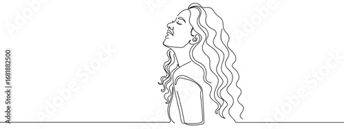 Continuous line of woman looking up at the sky. Single line art hand drawn vector. Editable stroke.