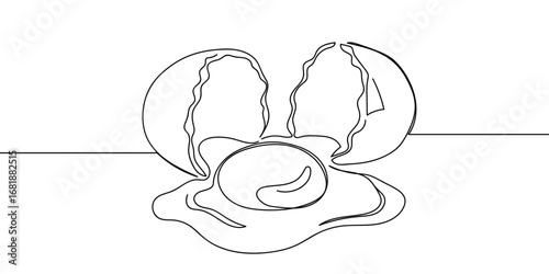 Continuous line of a broken egg, yolk flowing out. Single line art hand drawn vector. Editable stroke.