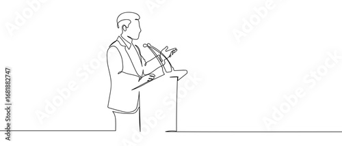 Continuous line of man standing speaking in front of podium. Single line art hand drawn vector illustration. Editable stroke.