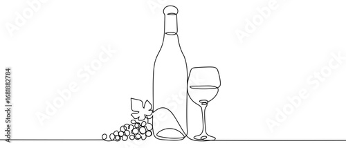 Continuous line of grapes, wine bottle and wine glass. Single line art hand drawn vector. Editable stroke.