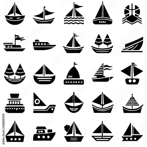 Collection of Black and White Sailboat and Ship Icons vessel watercraft