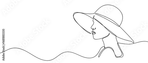 Continuous line of a woman's face wearing a big hat turned to the side. Single line art hand drawn vector. Editable stroke.