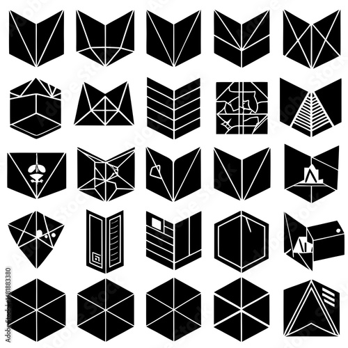 Abstract Geometric and Origami- Inspired Black and White Icons paper folding polygon