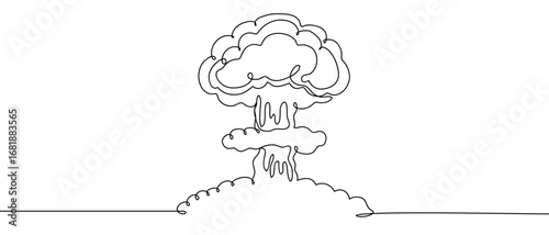 Continuous line of nuclear explosion. Hand drawn vector art line. Editable stroke.
