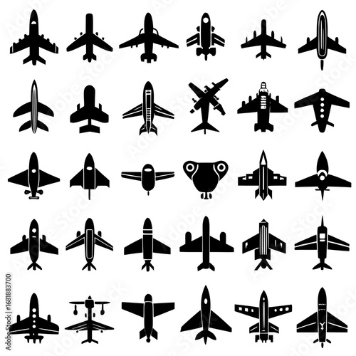 Diverse collection of 30 black and white airplane silhouette icons aircraft aviation