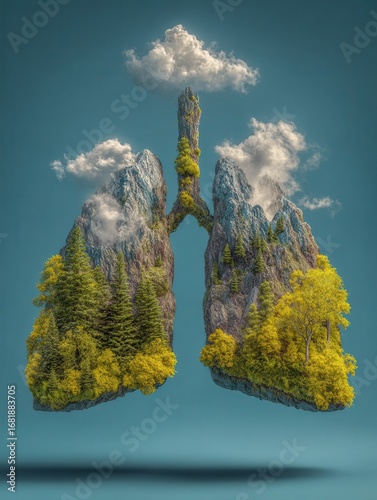 Mountain Shaped Like Human Lungs With Vibrant Forests and Clouds