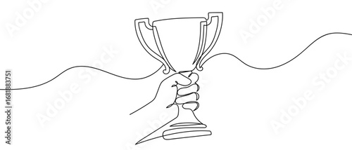 Continuous line of hand holding raised trophy cup. Vector hand drawn line art. Editable stroke.