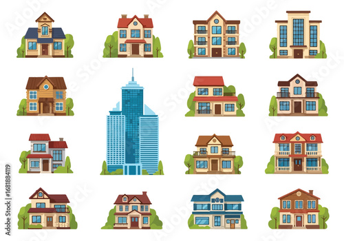 Set of flat style houses, office, and apartment buildings, featuring suburban homes, modern residences, and high-rise apartments, ideal for real estate, property, and urban living concepts