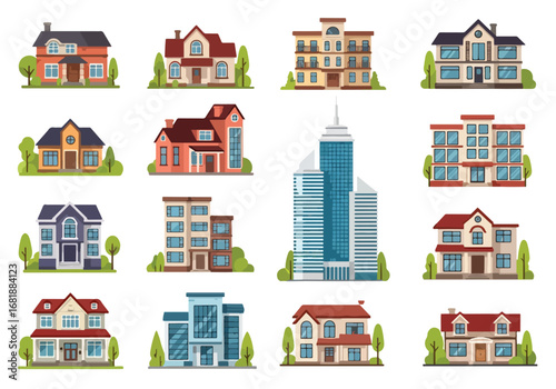 Set of flat style houses, office, and apartment buildings, featuring suburban homes, modern residences, and high-rise apartments, ideal for real estate, property, and urban living concepts