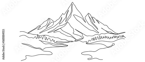Continuous line of iceberg landscape in front of river. Hand drawn vector art line. Editable stroke.