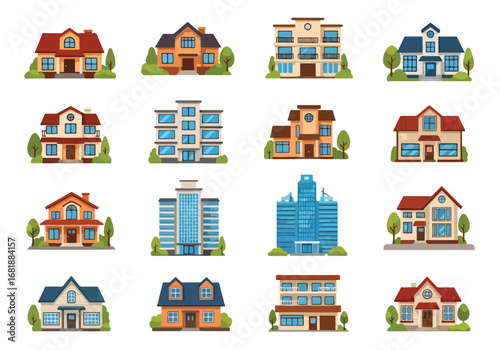 Set of flat style houses, office, and apartment buildings, featuring suburban homes, modern residences, and high-rise apartments, ideal for real estate, property, and urban living concepts