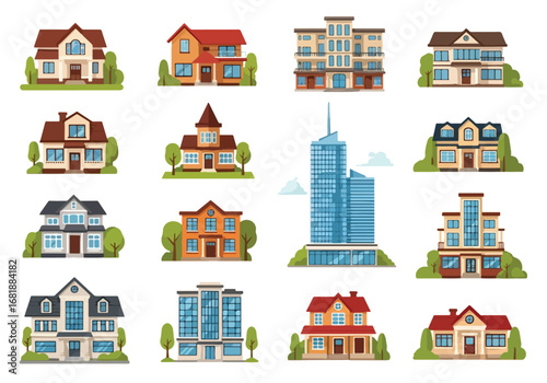 Set of flat style houses, office, and apartment buildings, featuring suburban homes, modern residences, and high-rise apartments, ideal for real estate, property, and urban living concepts