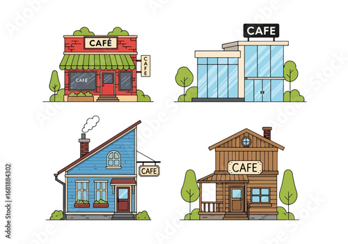 Set of flat style cafe illustrations, showcasing modern, vintage, and cozy coffeehouse designs, perfect for food, drink, restaurant, and lifestyle concepts