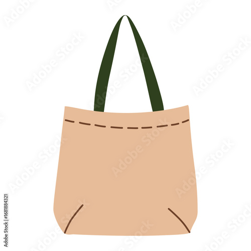 Beige eco tote bag, fabric shopping package with brown stitching and green handle, reusable grocery bag, blank canvas tote for design, sustainable fashion accessory. Vector illustration in flat style.