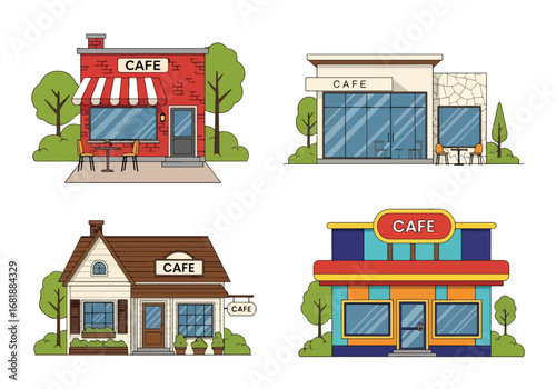 Set of flat style cafe illustrations, showcasing modern, vintage, and cozy coffeehouse designs, perfect for food, drink, restaurant, and lifestyle concepts