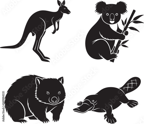 Australian Animals Vector Illustration Set Featuring Kangaroo Koala Wombat and Platypus Wildlife Icons