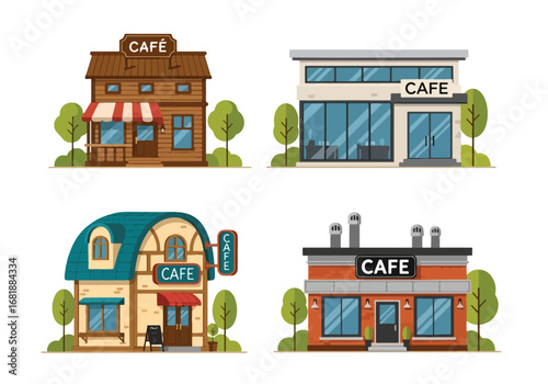 Set of flat style cafe illustrations, showcasing modern, vintage, and cozy coffeehouse designs, perfect for food, drink, restaurant, and lifestyle concepts