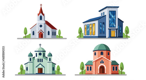 Set of flat style church illustrations, featuring classic, modern, and small chapel designs with unique architecture, perfect for religion, worship, and community concepts