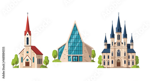 Set of flat style church illustrations, featuring classic, modern, and small chapel designs with unique architecture, perfect for religion, worship, and community concepts