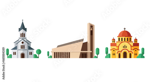 Set of flat style church illustrations, featuring classic, modern, and small chapel designs with unique architecture, perfect for religion, worship, and community concepts