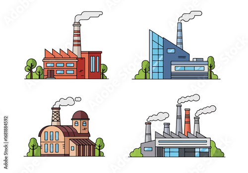 Set of flat style factory illustrations, featuring industrial buildings with chimneys and modern designs, perfect for manufacturing, production, and industry concepts
