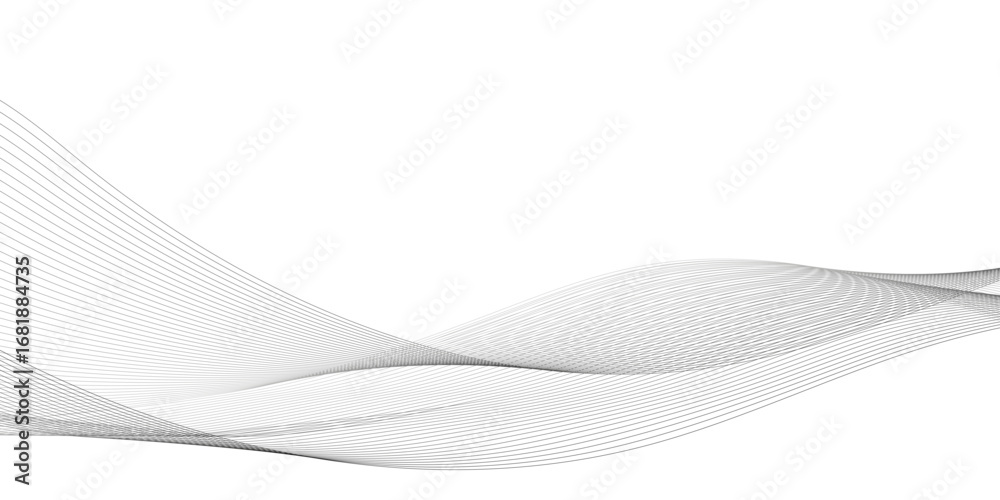 Fototapeta premium Abstract wavy lines design for modern background. This elegant, minimalist design features flowing, smooth grey lines creating a dynamic wave pattern against a pristine white background.