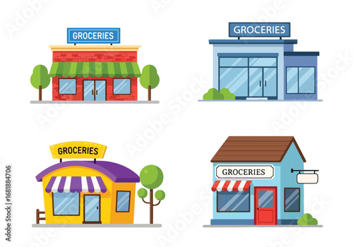 Set of flat style grocery store illustrations, showcasing different shop designs from modern markets to traditional stores, perfect for retail, shopping, and food-related concepts