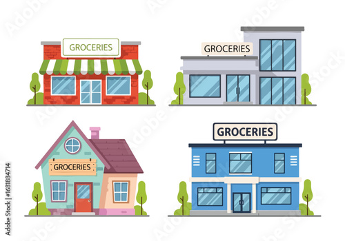 Set of flat style grocery store illustrations, showcasing different shop designs from modern markets to traditional stores, perfect for retail, shopping, and food-related concepts