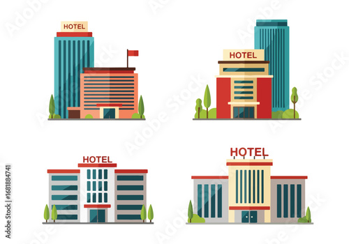 Set of flat style hotel building illustrations, featuring modern, classic, and boutique designs with unique architectural styles, perfect for travel, tourism, and hospitality concepts