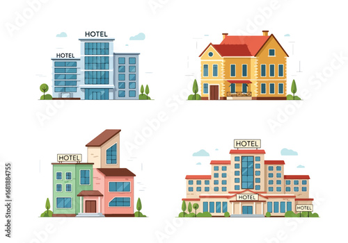 Set of flat style hotel building illustrations, featuring modern, classic, and boutique designs with unique architectural styles, perfect for travel, tourism, and hospitality concepts