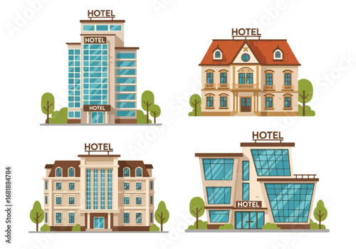 Set of flat style hotel building illustrations, featuring modern, classic, and boutique designs with unique architectural styles, perfect for travel, tourism, and hospitality concepts