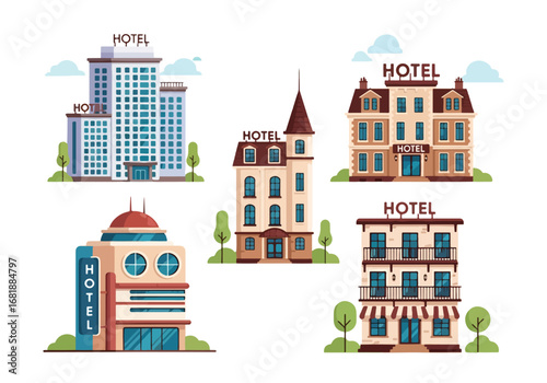 Set of flat style hotel building illustrations, featuring modern, classic, and boutique designs with unique architectural styles, perfect for travel, tourism, and hospitality concepts