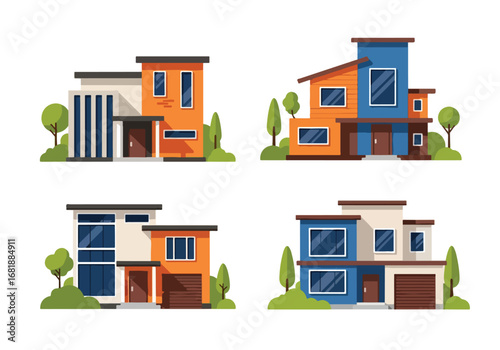 Set of flat style house illustrations, featuring modern, contemporary, and classic residential architecture designs with large windows, clean facades, and stylish exteriors
