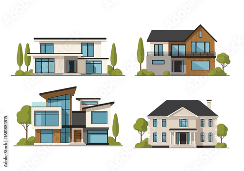 Set of flat style house illustrations, featuring modern, contemporary, and classic residential architecture designs with large windows, clean facades, and stylish exteriors