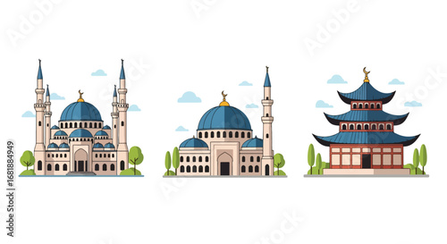 Set of flat style mosque illustrations, showcasing different Islamic architecture designs with domes, minarets, and cultural elements, representing worship, tradition, and heritage
