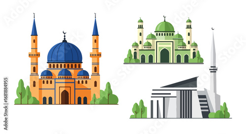 Set of flat style mosque illustrations, showcasing different Islamic architecture designs with domes, minarets, and cultural elements, representing worship, tradition, and heritage