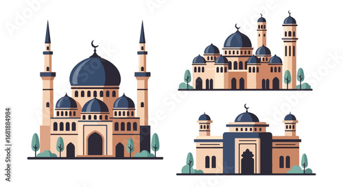 Set of flat style mosque illustrations, showcasing different Islamic architecture designs with domes, minarets, and cultural elements, representing worship, tradition, and heritage