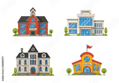 Set of flat style school building illustrations, showcasing different educational architecture designs including modern, classic, and colorful styles for learning institutions and academic centers